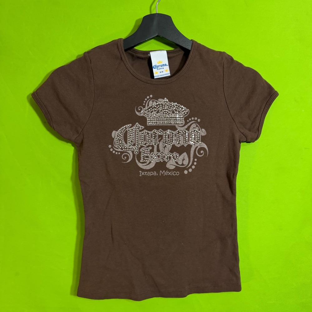 Corona Extra Ixtapa Mexico Rhinestone Graphic Y2K T-Shirt Brown Women Medium Tee